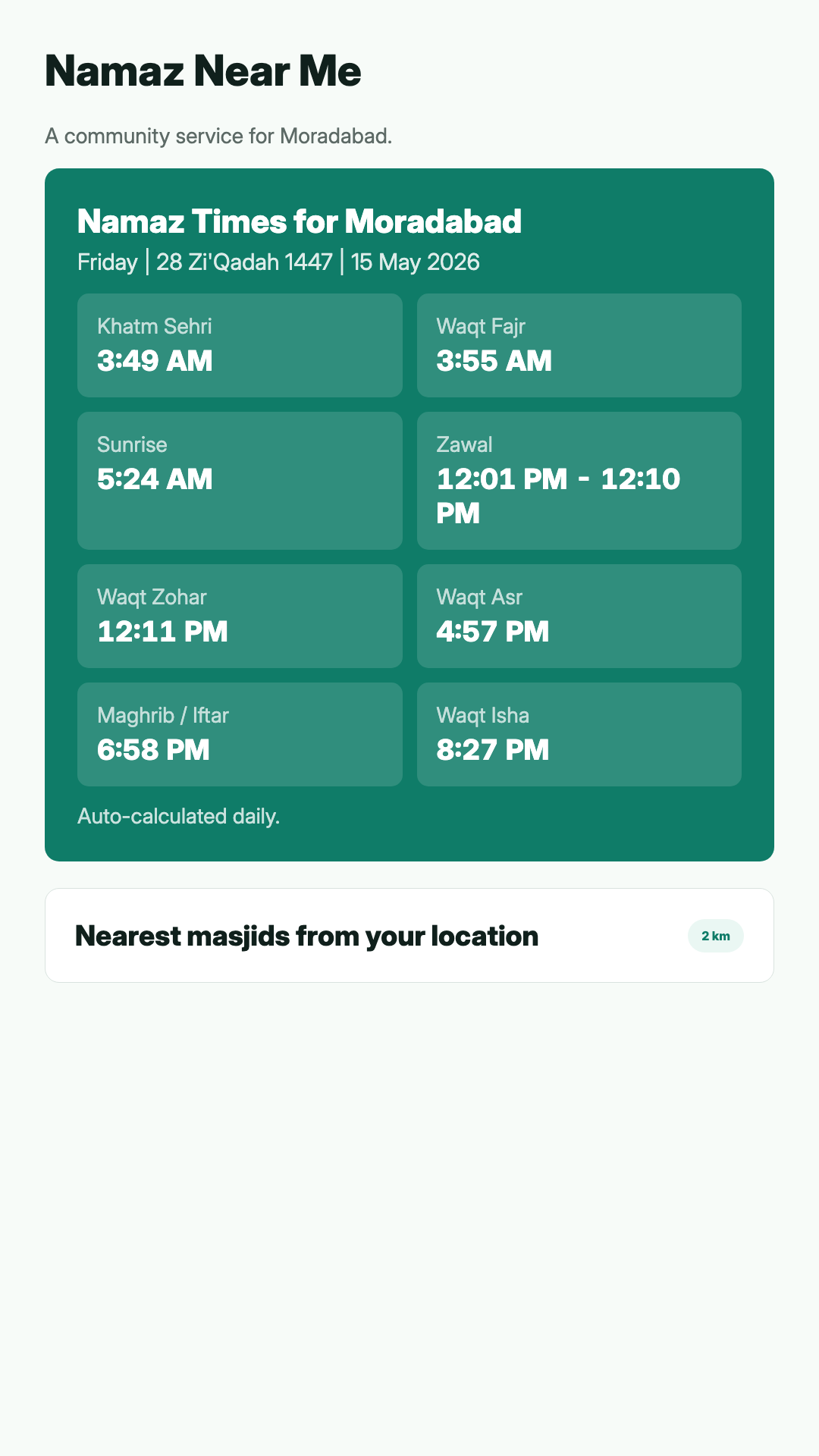 Namaz Near Me daily prayer timings screen