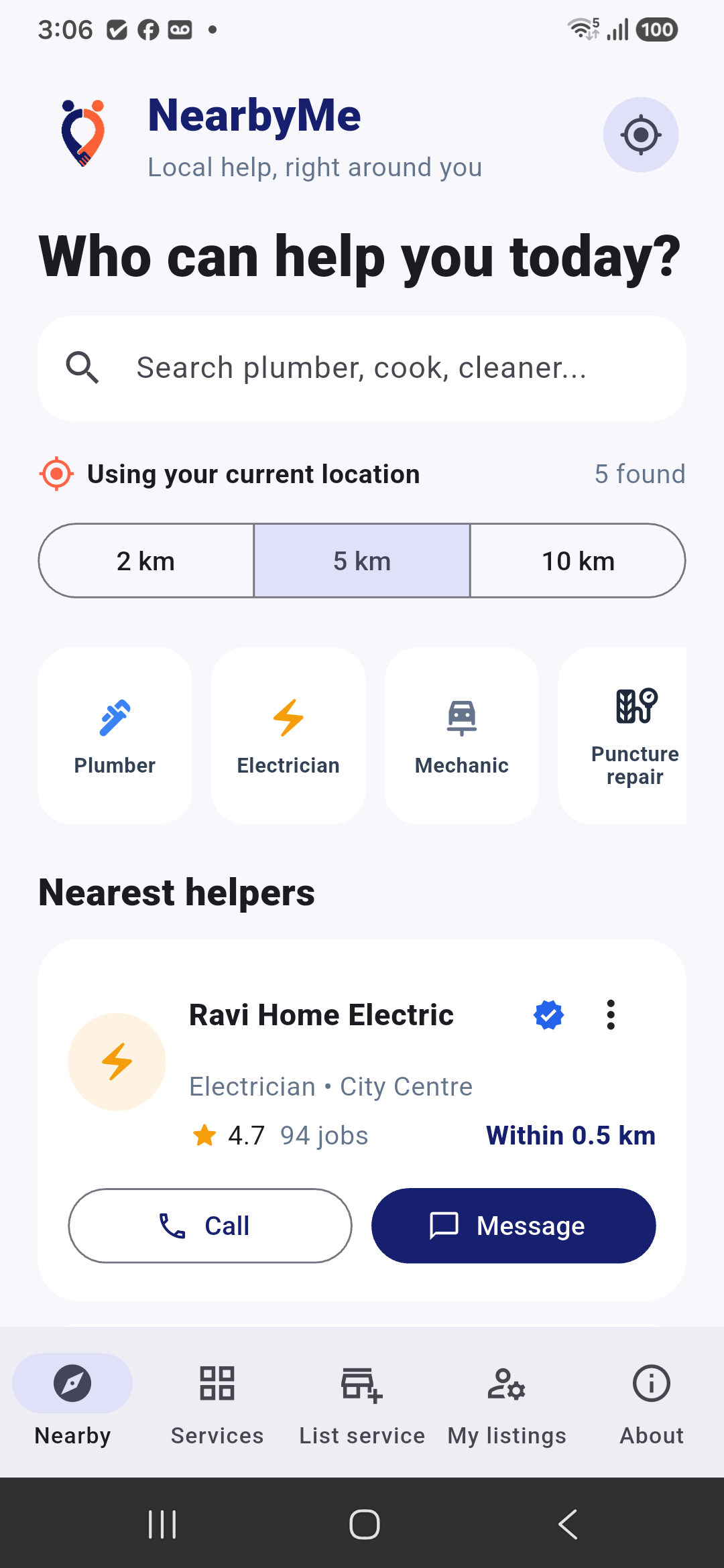 NearbyMe nearby service providers directory screen